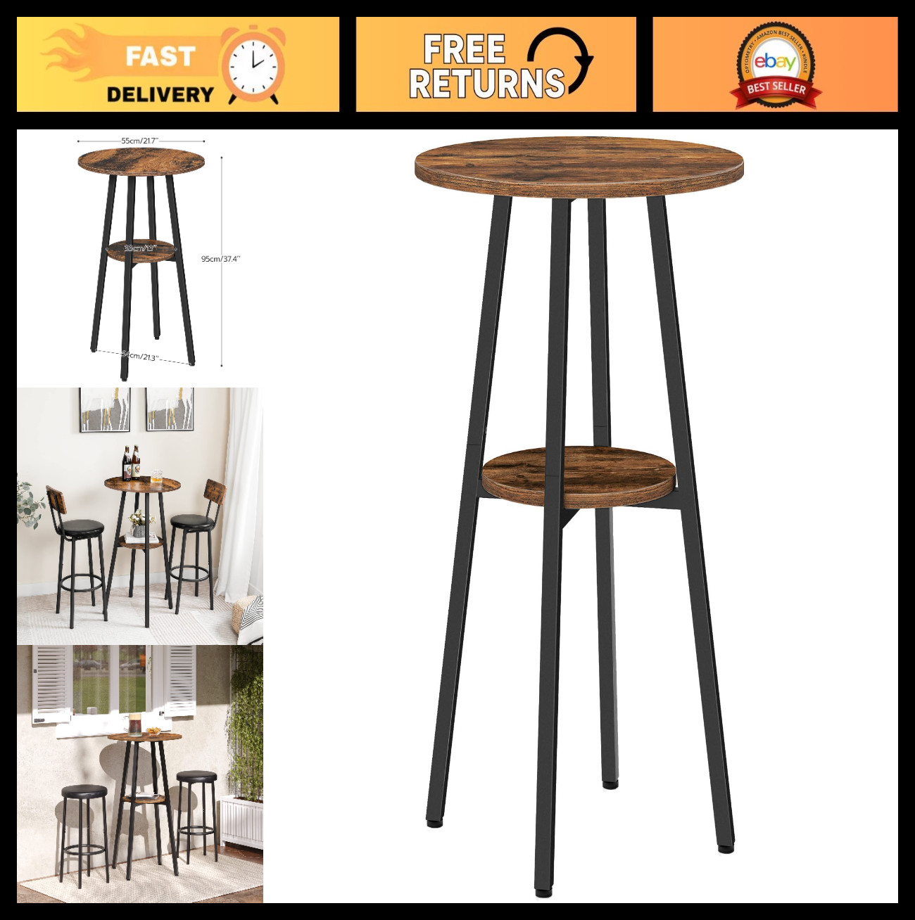 Round Pub Table with Storage, 37.4" High Top for Small Spaces, Easy Assembly, Ru