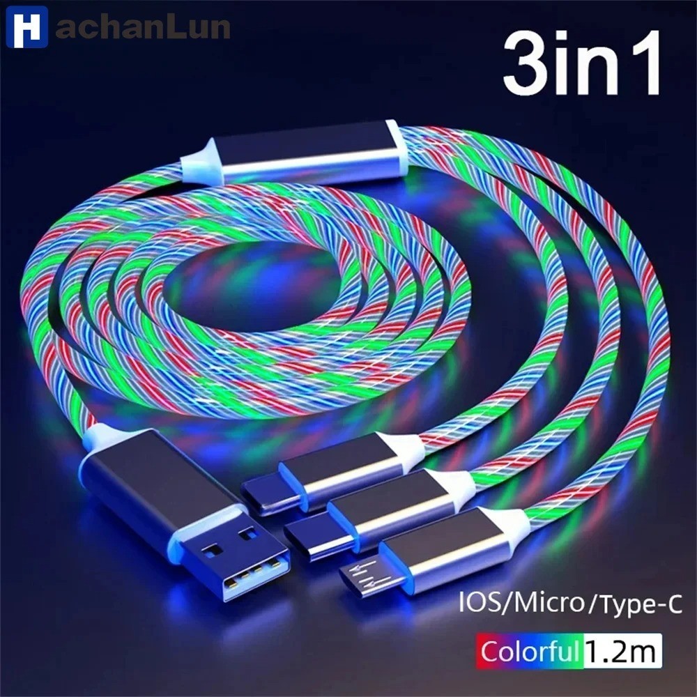 LED 3 in 1 Fast Charging Cable USB Type C Charger Cord for iPhone Samsung