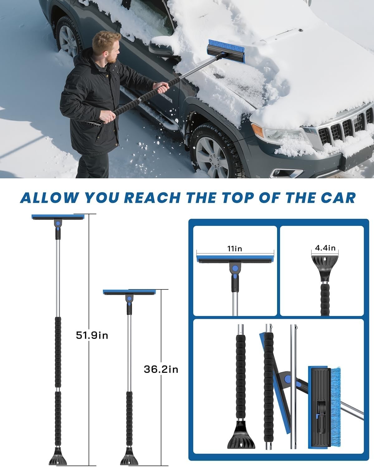 2025 Extra Long 55.7" Ice Scrapers for Car Windshield Multi-Functional Detach...