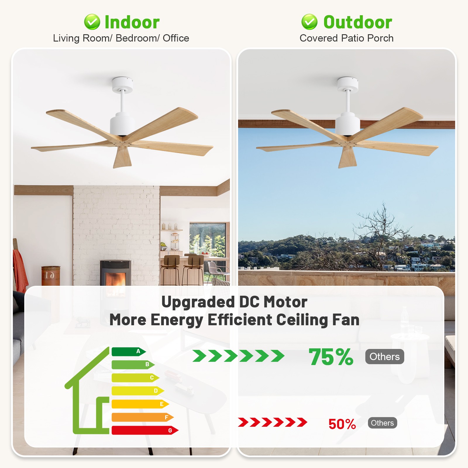 52" Solid Wood Flush Mount Ceiling Fan with Remote & Silent DC Motor Reversible