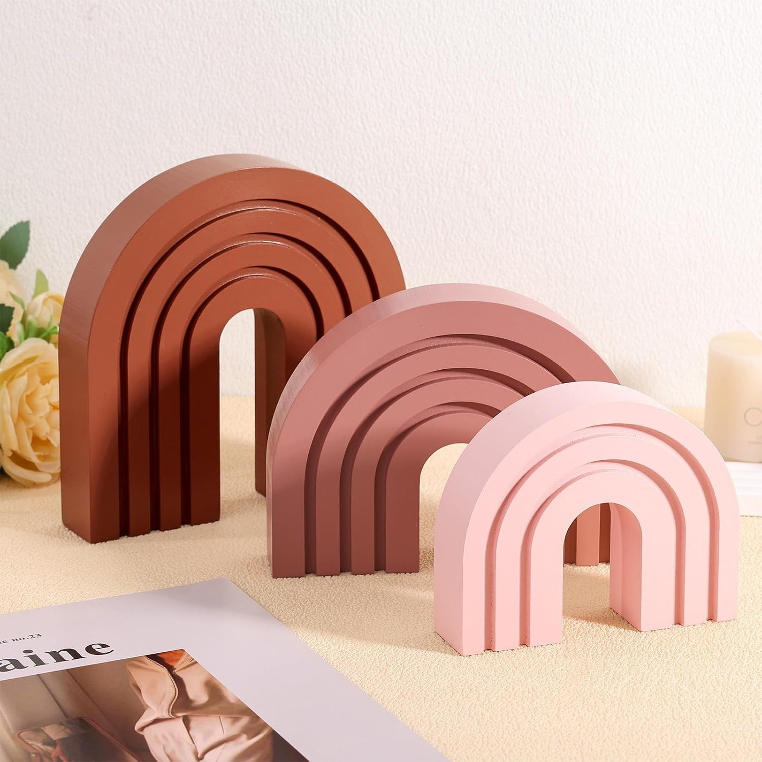 3 Set Pink Boho Shelf Decor Wood Arch Ends | Modern Wooden Arch Room Decor for S