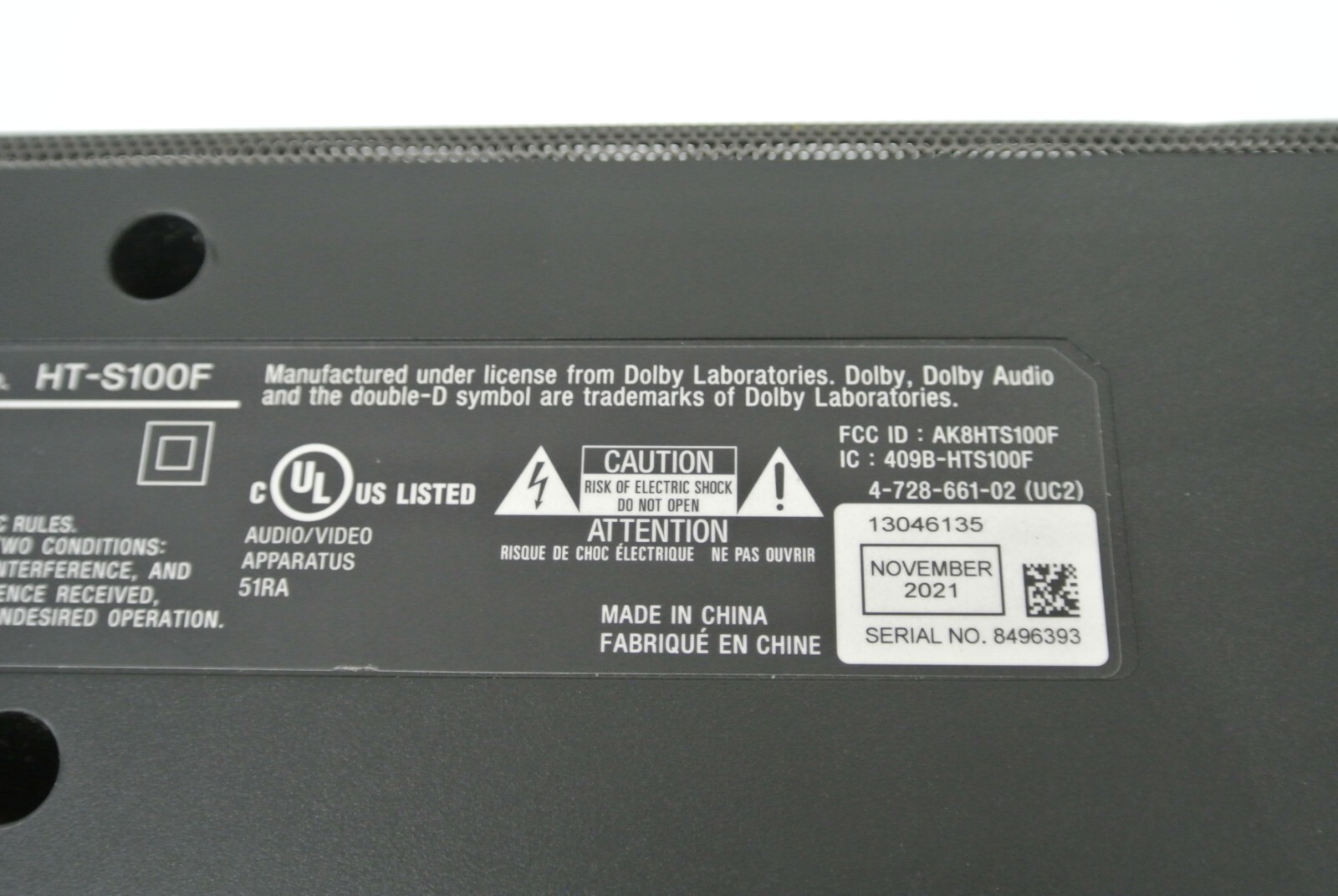 Sony HTS100F Tweeter Speaker - Black W/ REMOTE (123231-1 AR FF10)