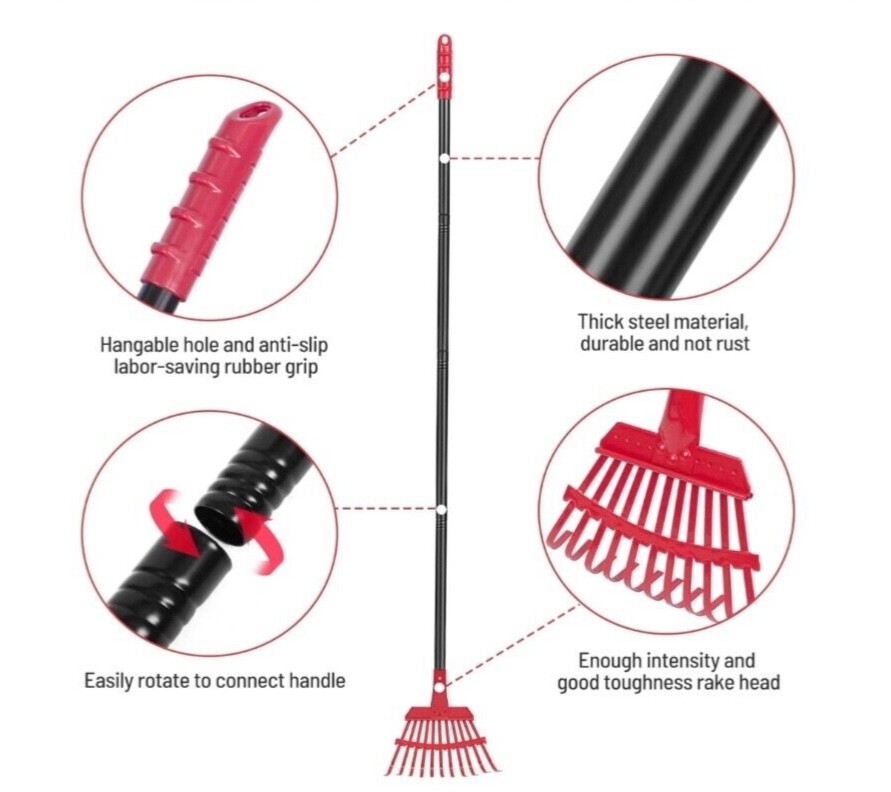 New Garden Leaf RAKE With ADJUSTABLE Steel HANDLE