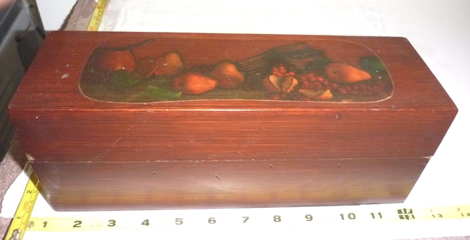 Vtg WOOD BOX, Decoupage Lid, Metal Hinges, 2-Compartments 11 x 4 x 4"   NICE !!