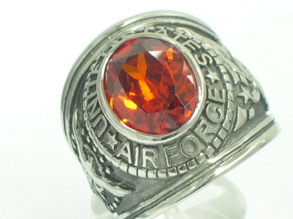 Stainless Steel United States Air Force Military Garnet Stone Men Ring Size 7-15