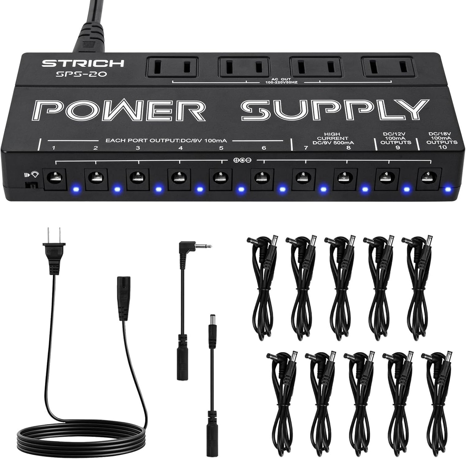 STRICH SPS-20 Guitar Power Supply 10 Independent DC Output for 9V/12V/18V Eff...