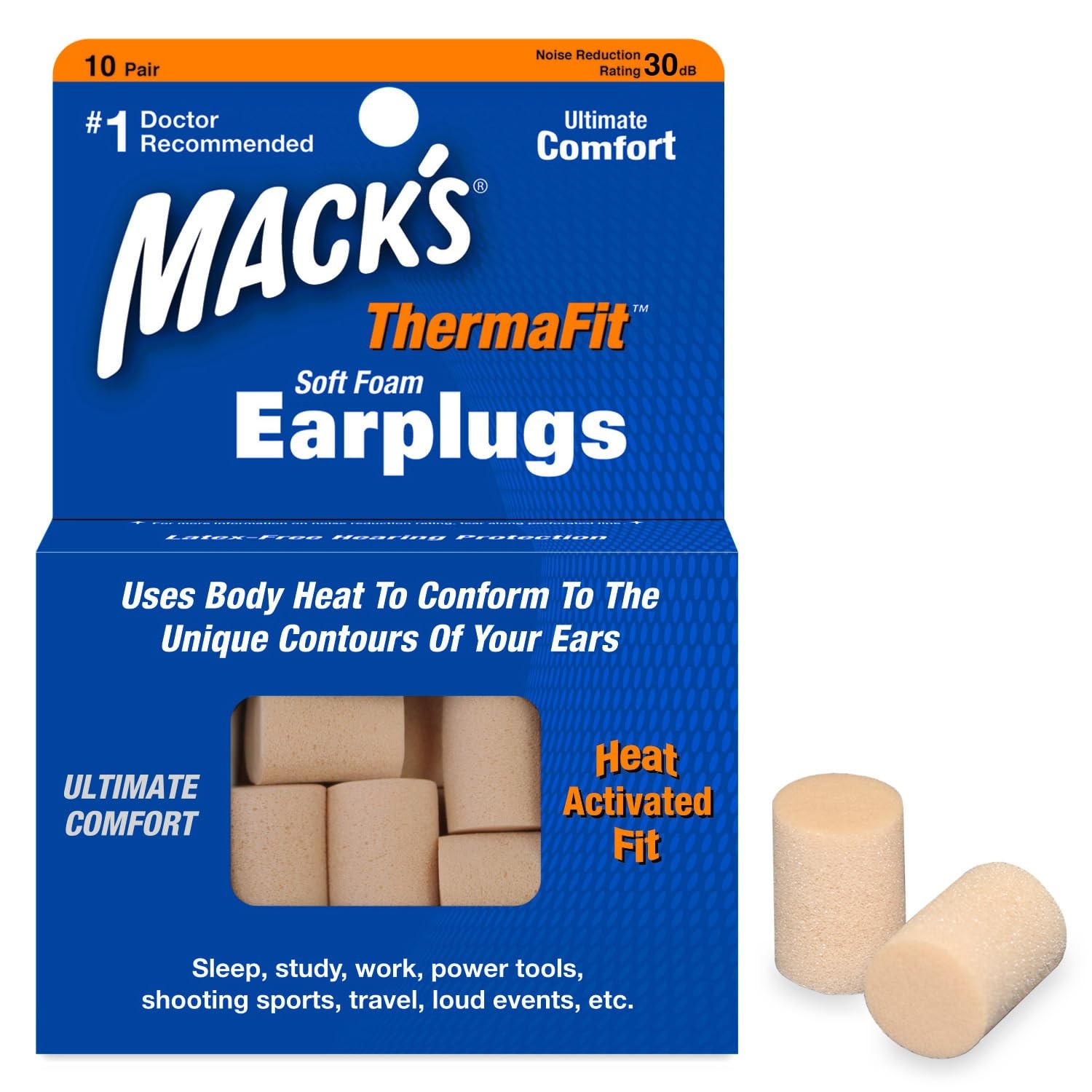 Mack’s ThermaFit Soft Foam Earplugs, 10 Pair - 20 count (Pack of 1), Beige