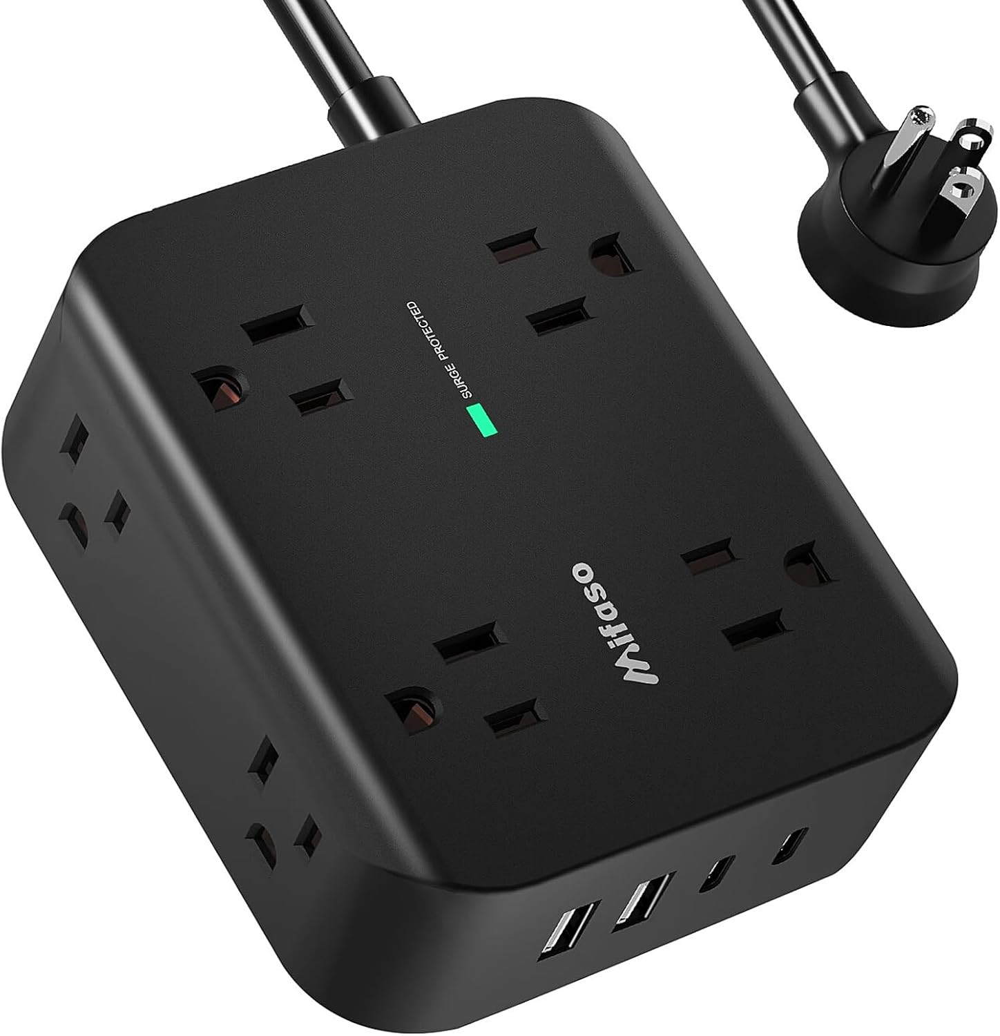 Power Strip Surge Protector, Flat Plug, Wall Mount | 8 Wide Outlets with 4 USB P