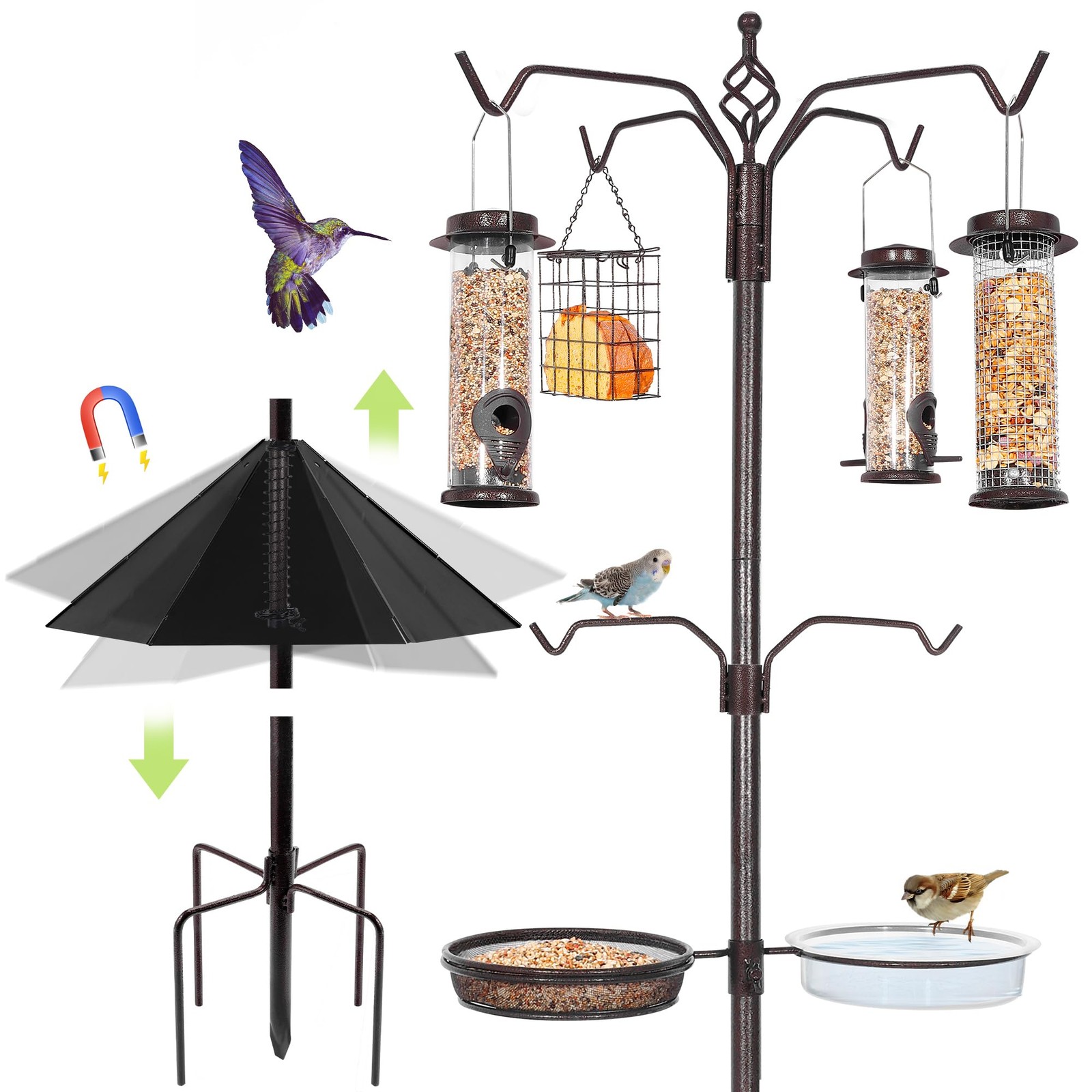 YINGYM 6-Hook Bird Feeding Station Kit, 94 Inch with Squirrel Baffle, Bronze