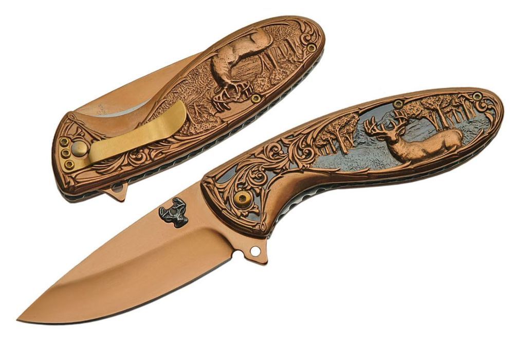 Spring-Assist Folding Pocket Knife | Easy Open 3.5" Blade Rose Gold Deer Hunter