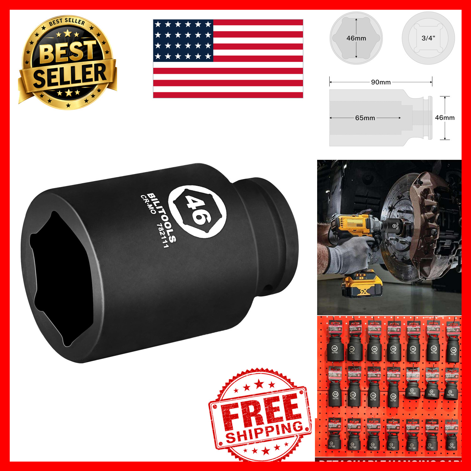 3/4 Drive Deep Impact Socket 46mm Heavy Duty Large Axle Nut CR-MO 6-Point Black