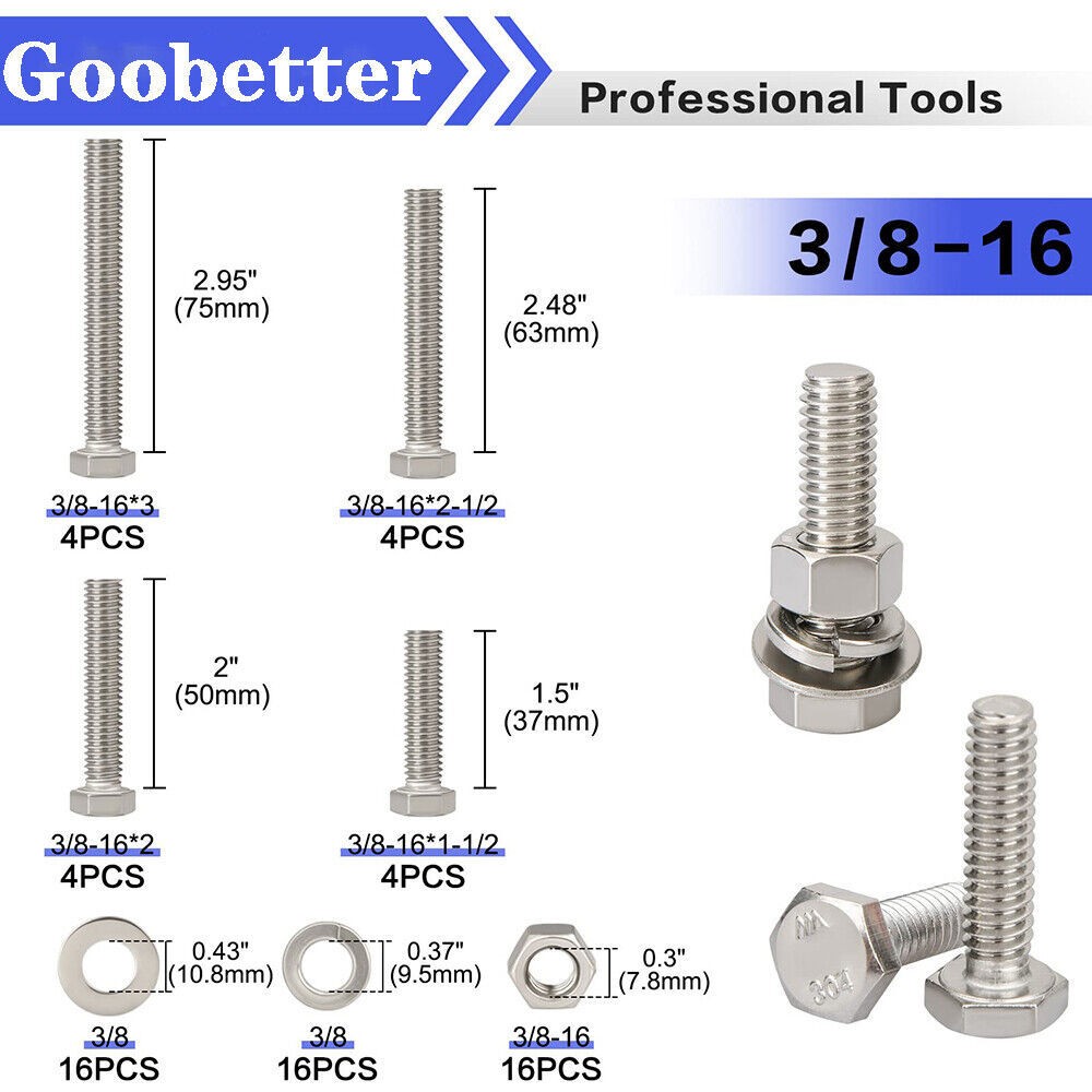 64pcs 3/8-16 Hex Head Bolt Nut Flat & Lock Washer Assortment Kit Stainless Steel