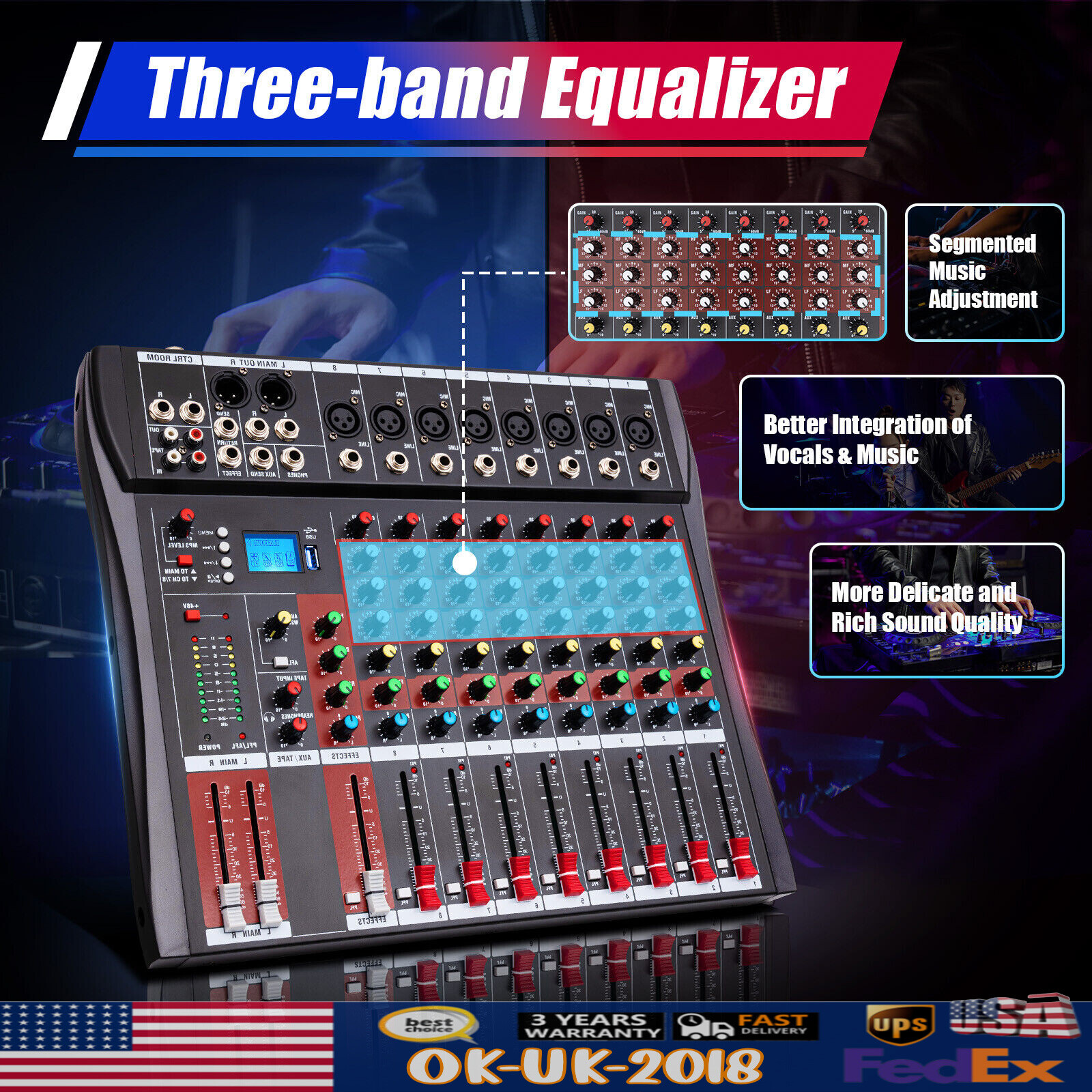 8 Channel Audio Digital Mixer Sound Mixing Console w/ Bluetooth USB,PC Record