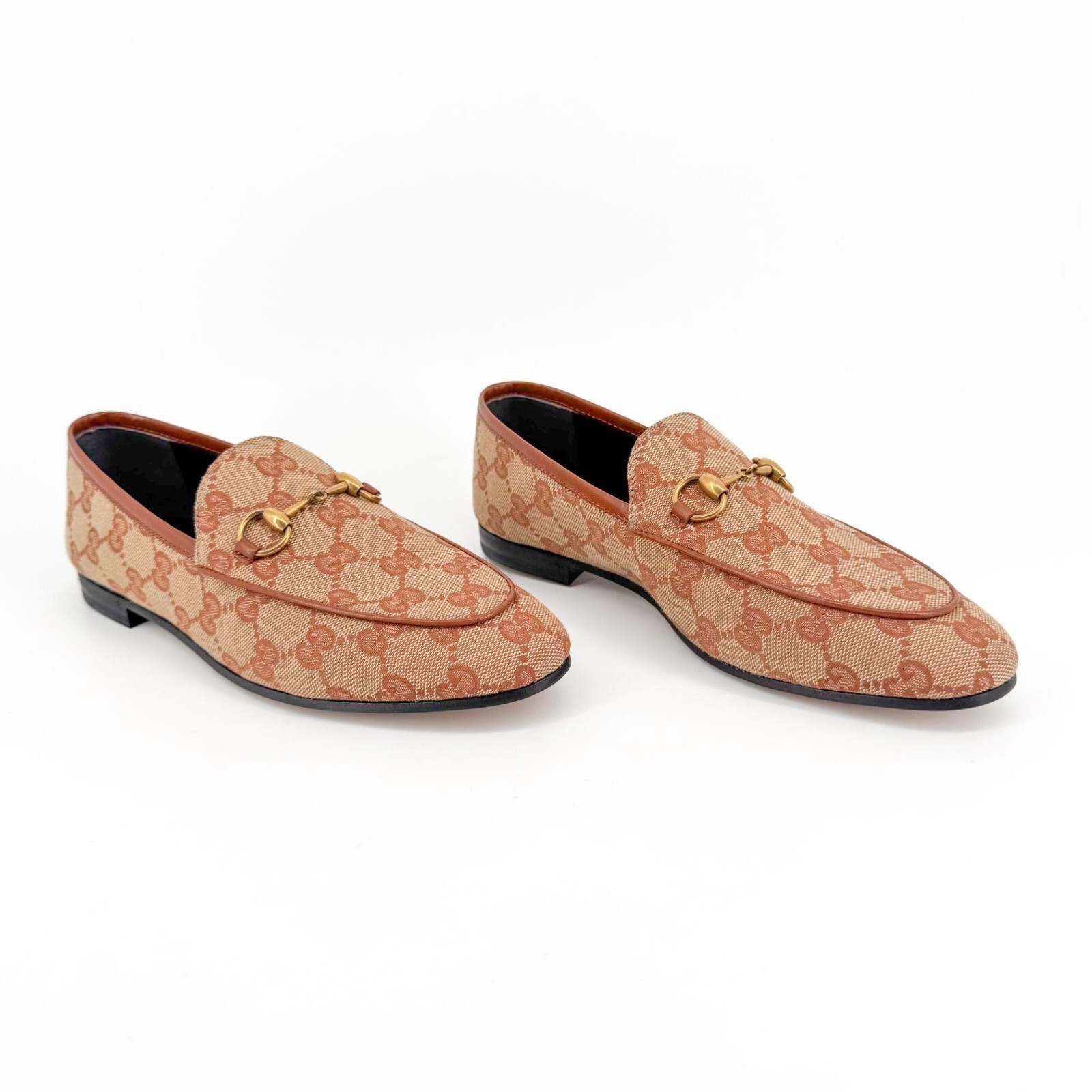 Gucci Jordaan Horsebit Loafers Size 37 US 7 Beige GG Monogram Canvas Flat Shoe