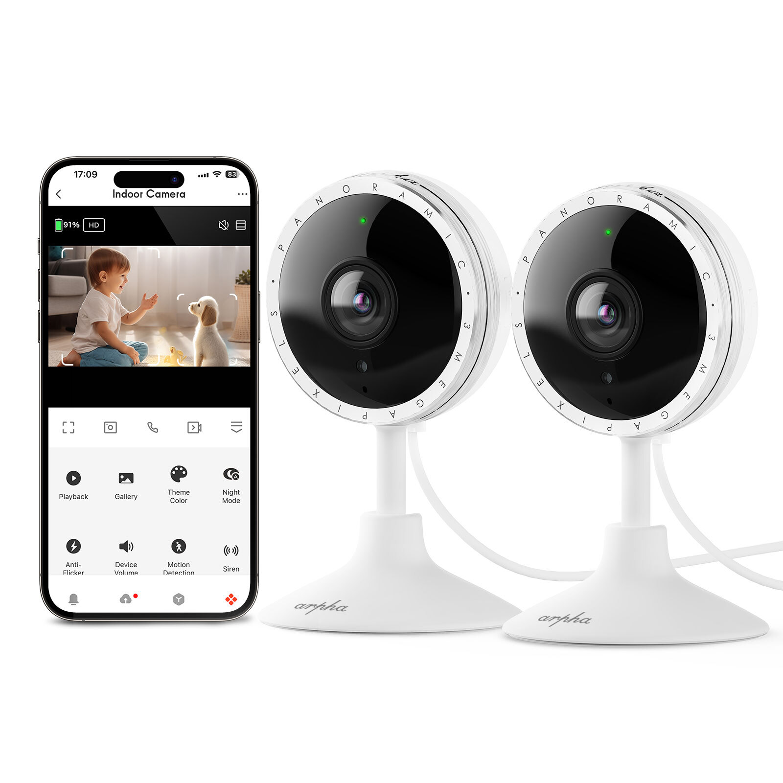 ARPHA 2K Indoor Security Camera WiFi Motion Sound Detection IR Night Vision 2Pcs