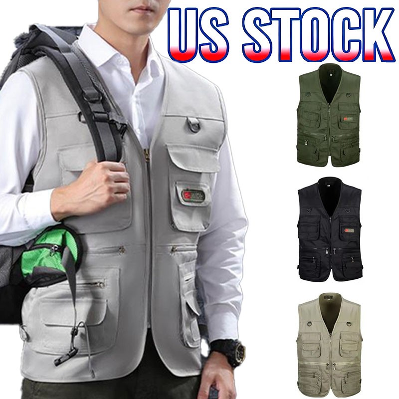 Mens Cargo Multi Pocket Utility Vest Fishing Hiking Camping Gilet Waistcoat Tops