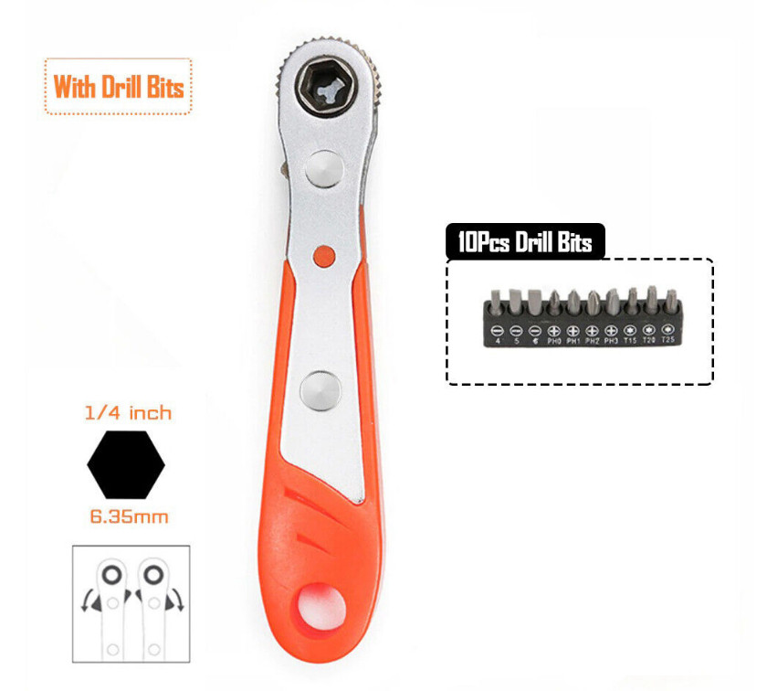Ratcheting Right Angle Screwdriver Hex Drive 90 Degree Offset + 10pc Bits Set!