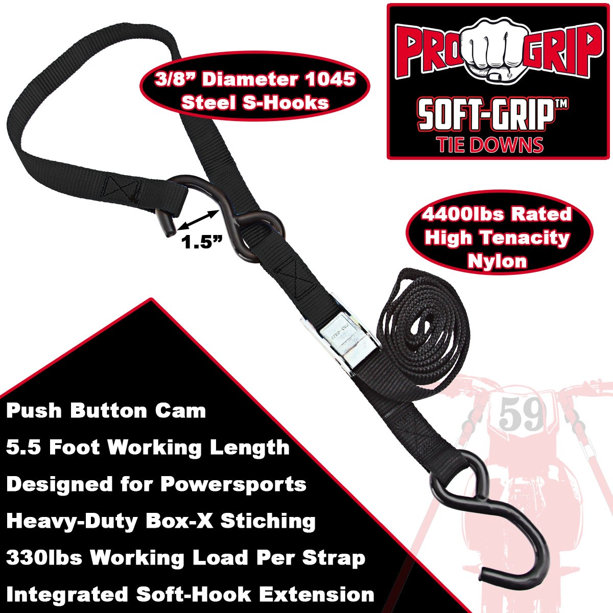 Progrip Powersports Motorcycle Soft Loop Tie Down Straps Lab Tested (2 Pack) Blk