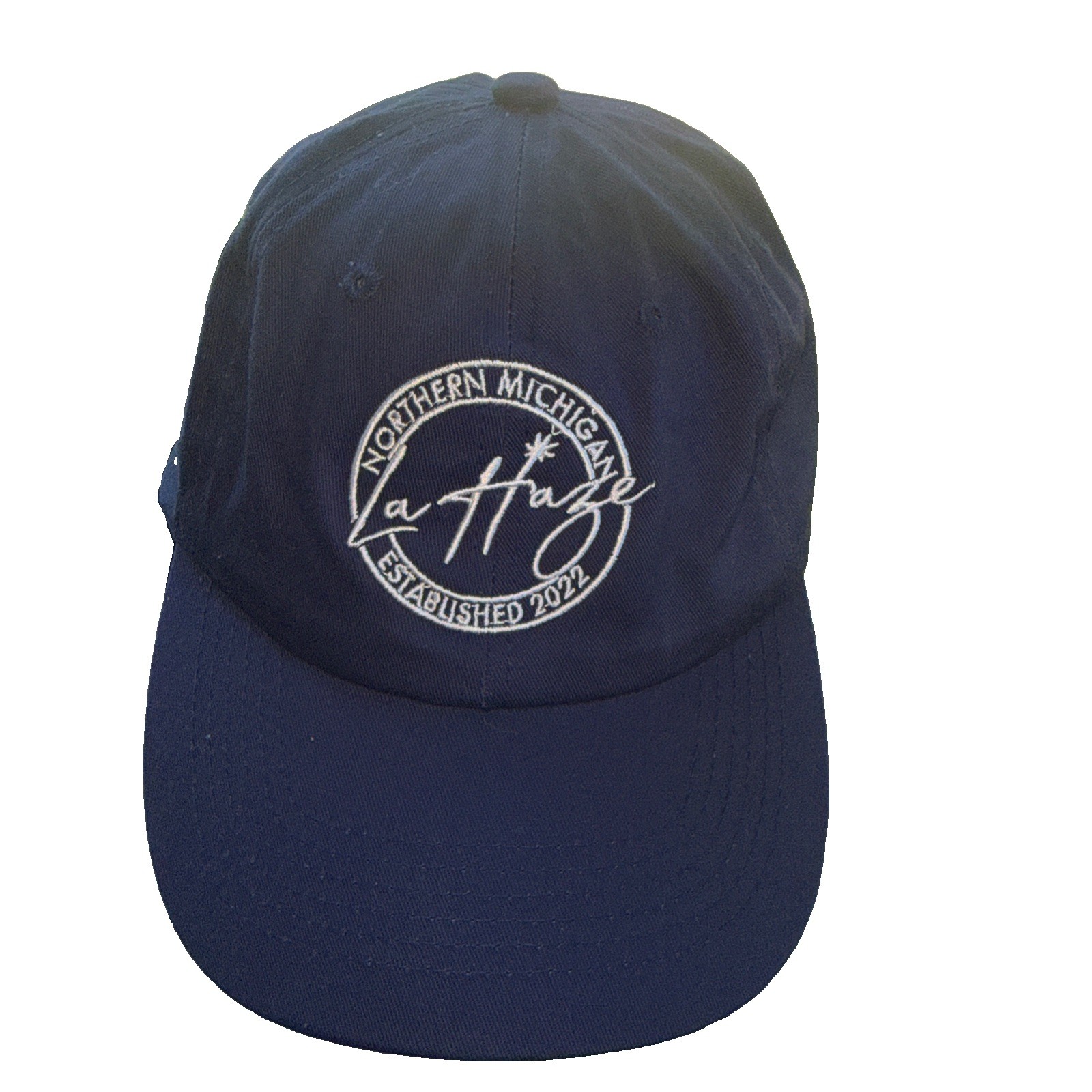 Northern Michigan La Haze EST 2022 in White on Navy Hat Cap Hook Loop Cotton