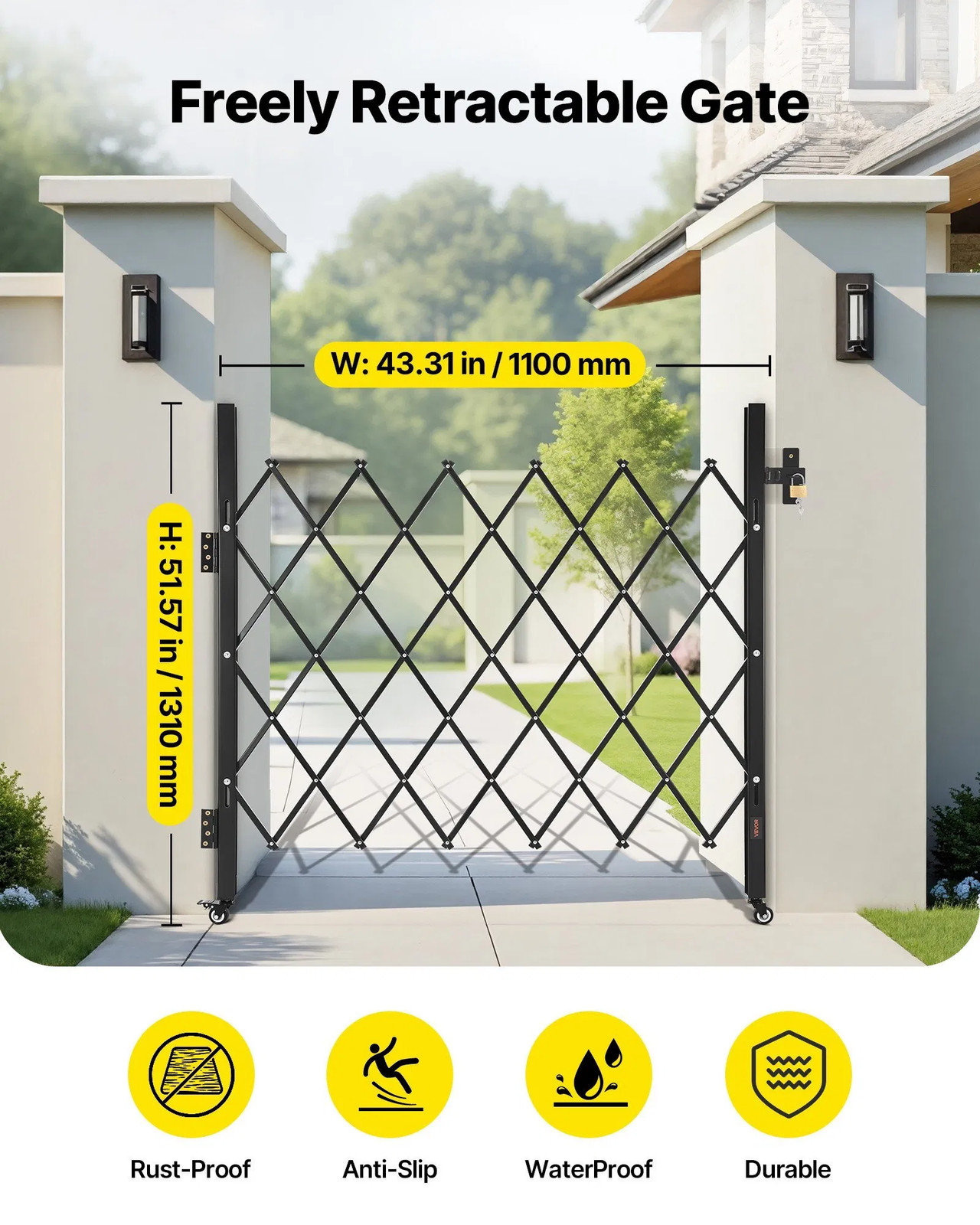 Single Folding Security Gate, Lockable Scissor Gate with 360?° Swivel Caster