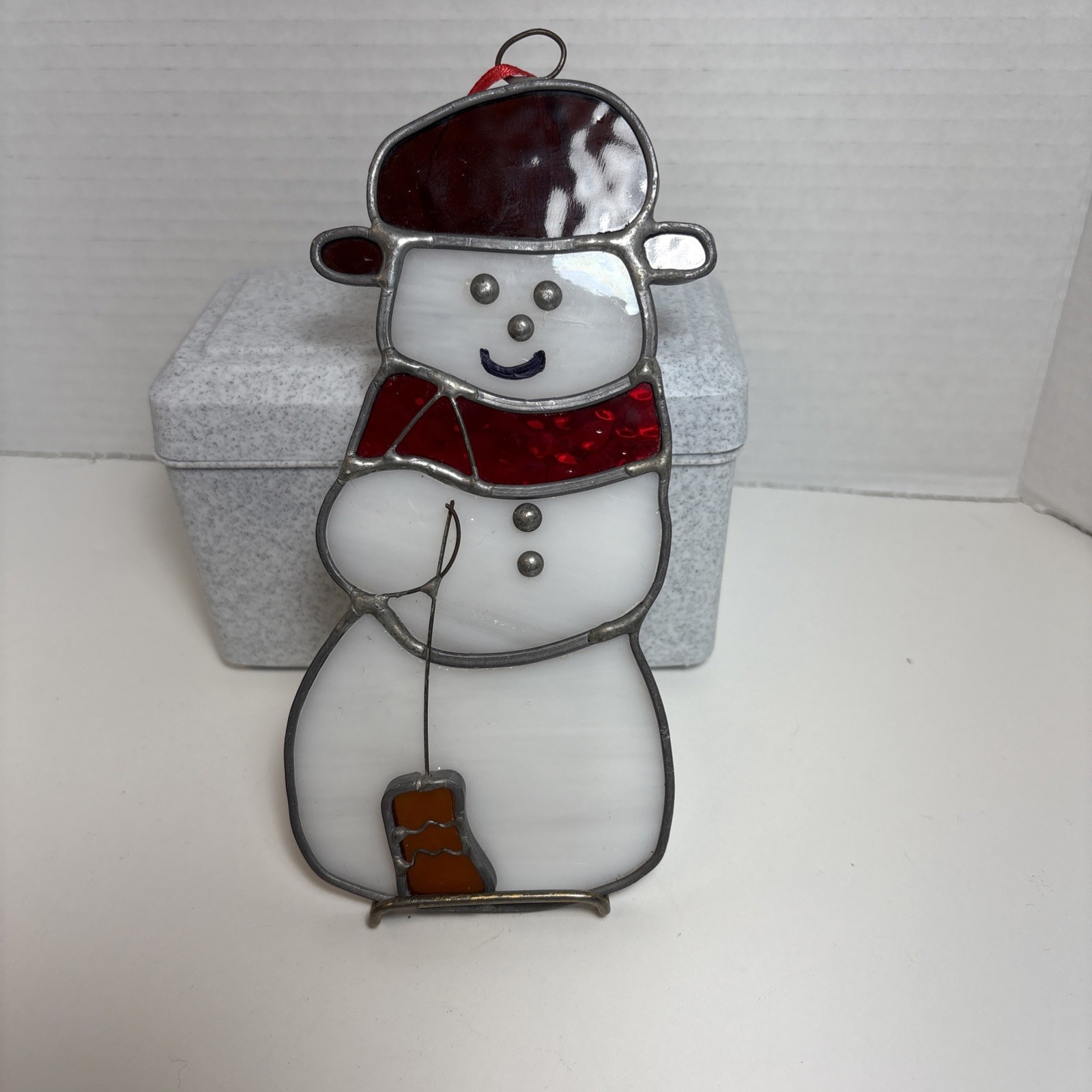 STAINED GLASS SUNCATCHER  FROSTY THE SNOWMAN w BROOM Christmas VINTAGE HANDMADE