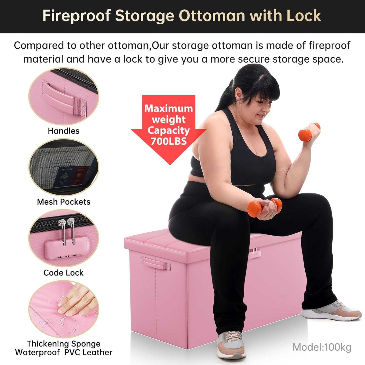 Storage Ottoman Bench,Fireproof Folding Bench with Lock,30 Inches Fire＆Water Res