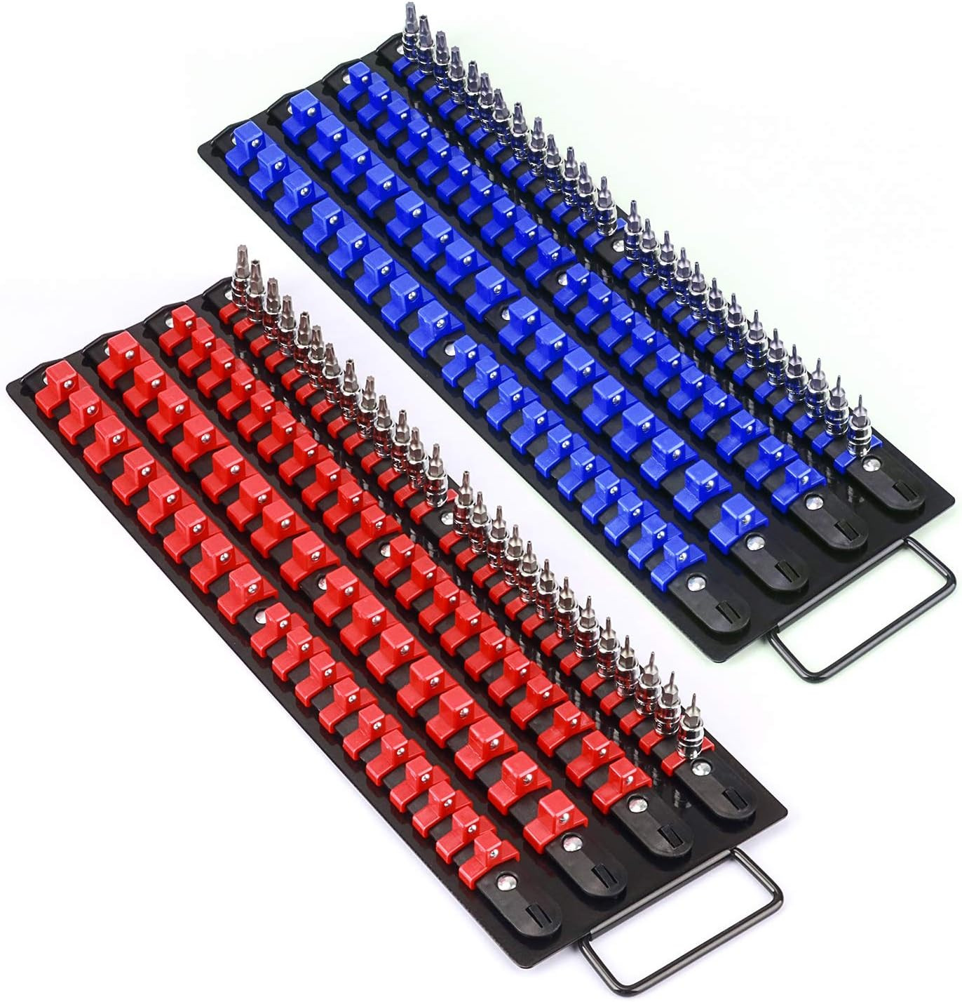 80Pc Socket Organizer Tray Set 1/4 3/8 1/2 Drive Heavy Duty Holder Red Blue Rail