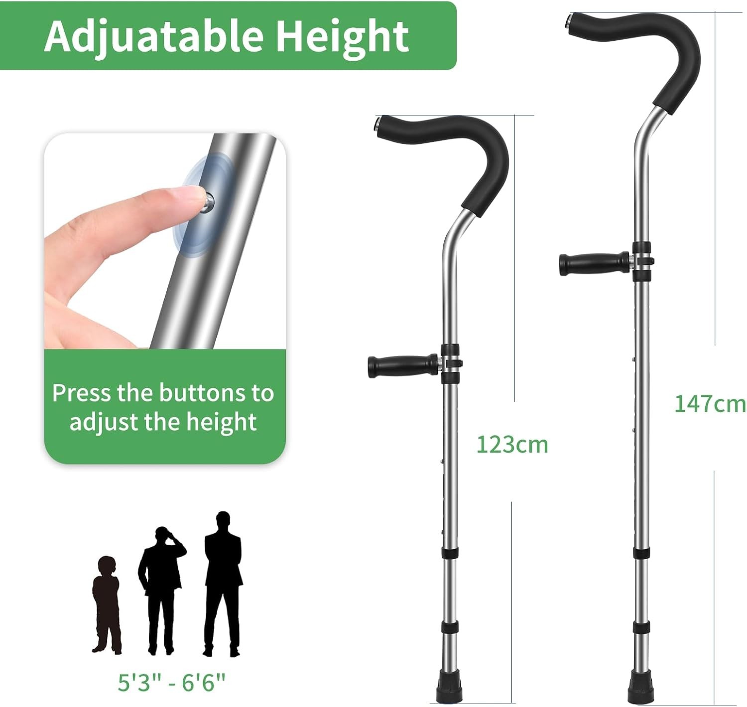 Adjustab Underarm Crutches, Height Adjustable with Hidden Spring Shock Absorbers