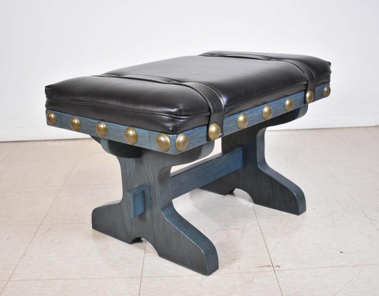 Mid-Century Black Vinyl Upholstered Benches with Oak Frames