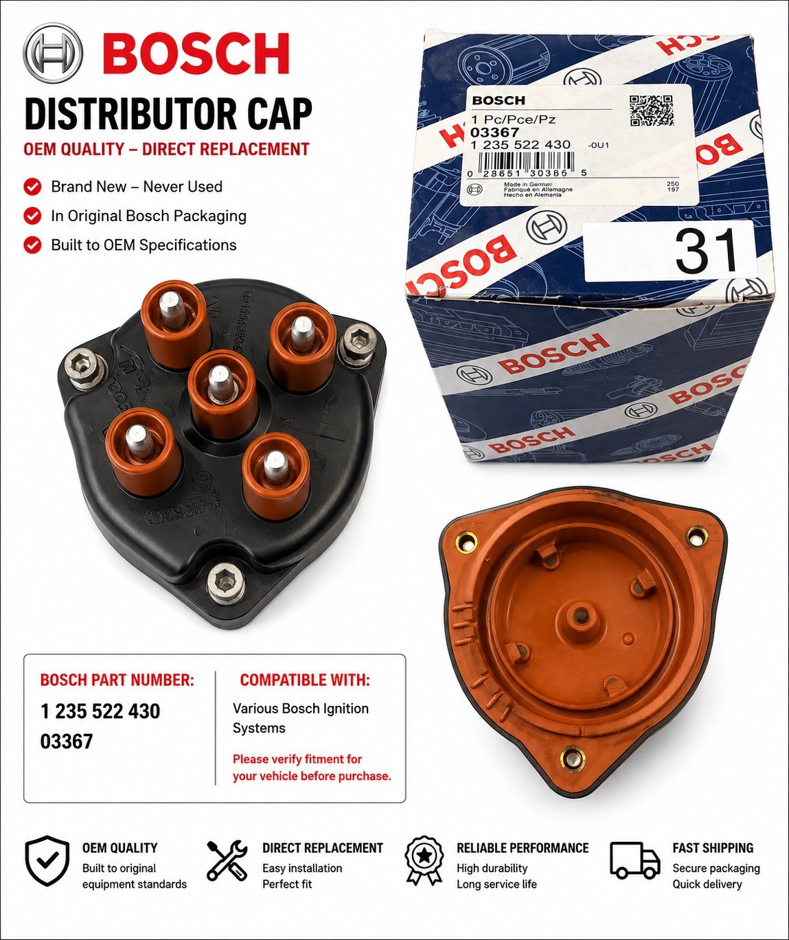 Bosch 03367 Distributor Cap 1235522430 Mercedes W124 W140 R129 400E 500E S500