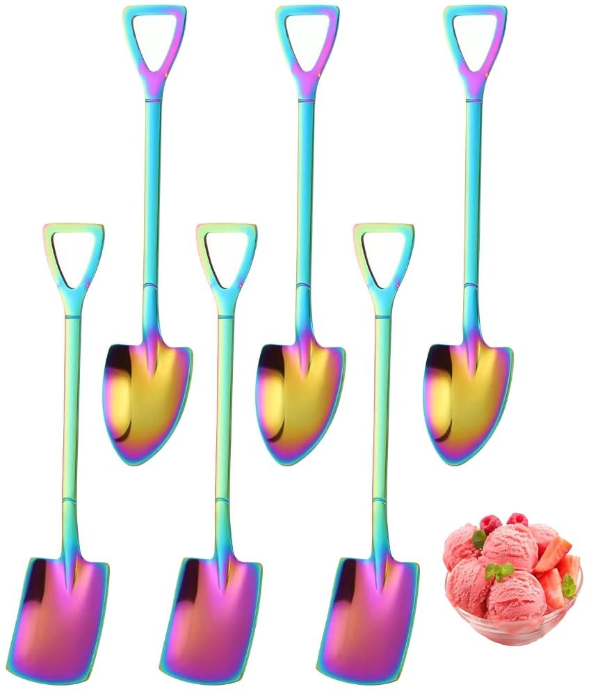 6 Pack Rainbow Shovel Spoons Small Stainless Steel Dessert Spoons for Coffee Jam