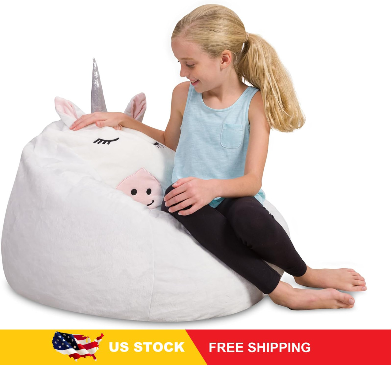 Posh Creations Cute Soft and Comfy Bean Bag Chair for Kids, Large,White Unicorn