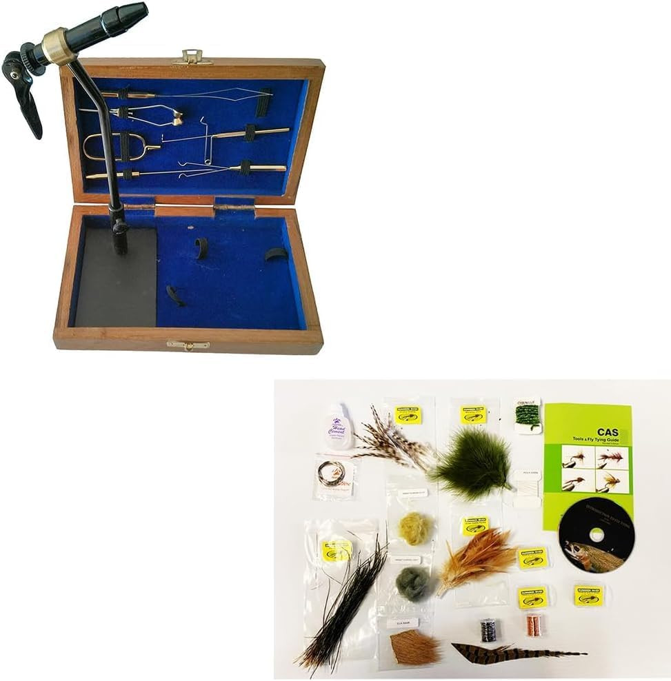 Fly Tying Standard Tool Kit with Wooden Box, Book & DVD, Rotary Vise, Bobbin, Sc