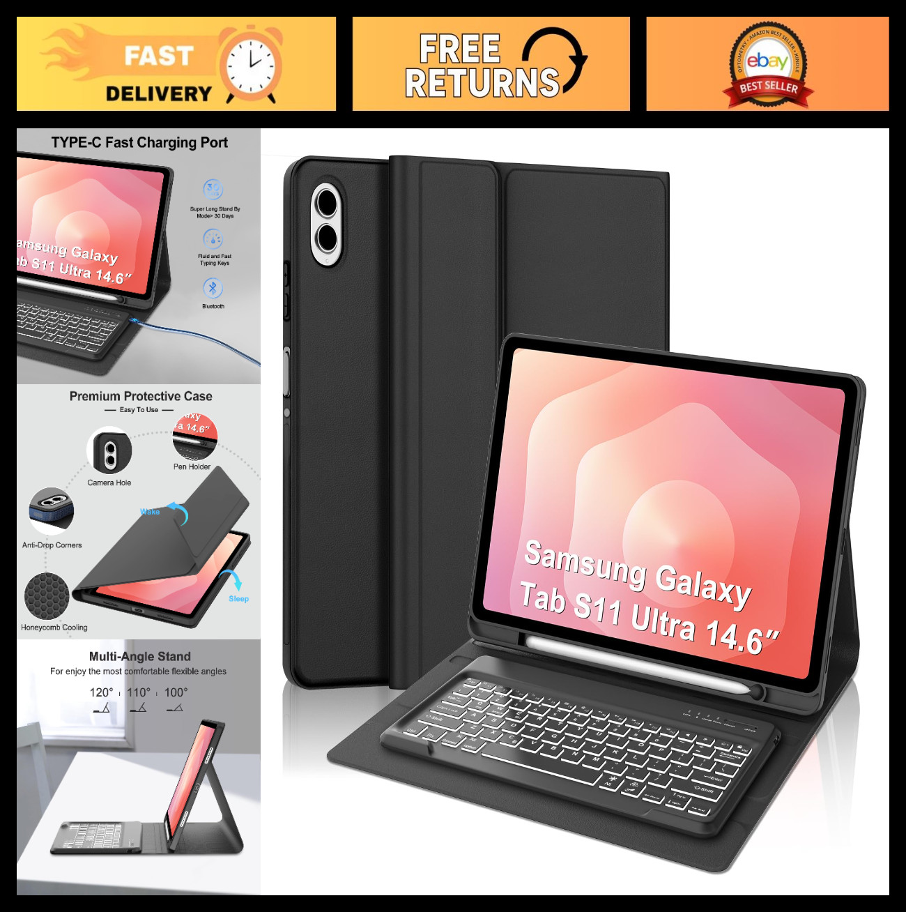 Samsung Galaxy Tab S11 Ultra 14.6" Keyboard Case, 7 Color Backlit, Wireless Blue