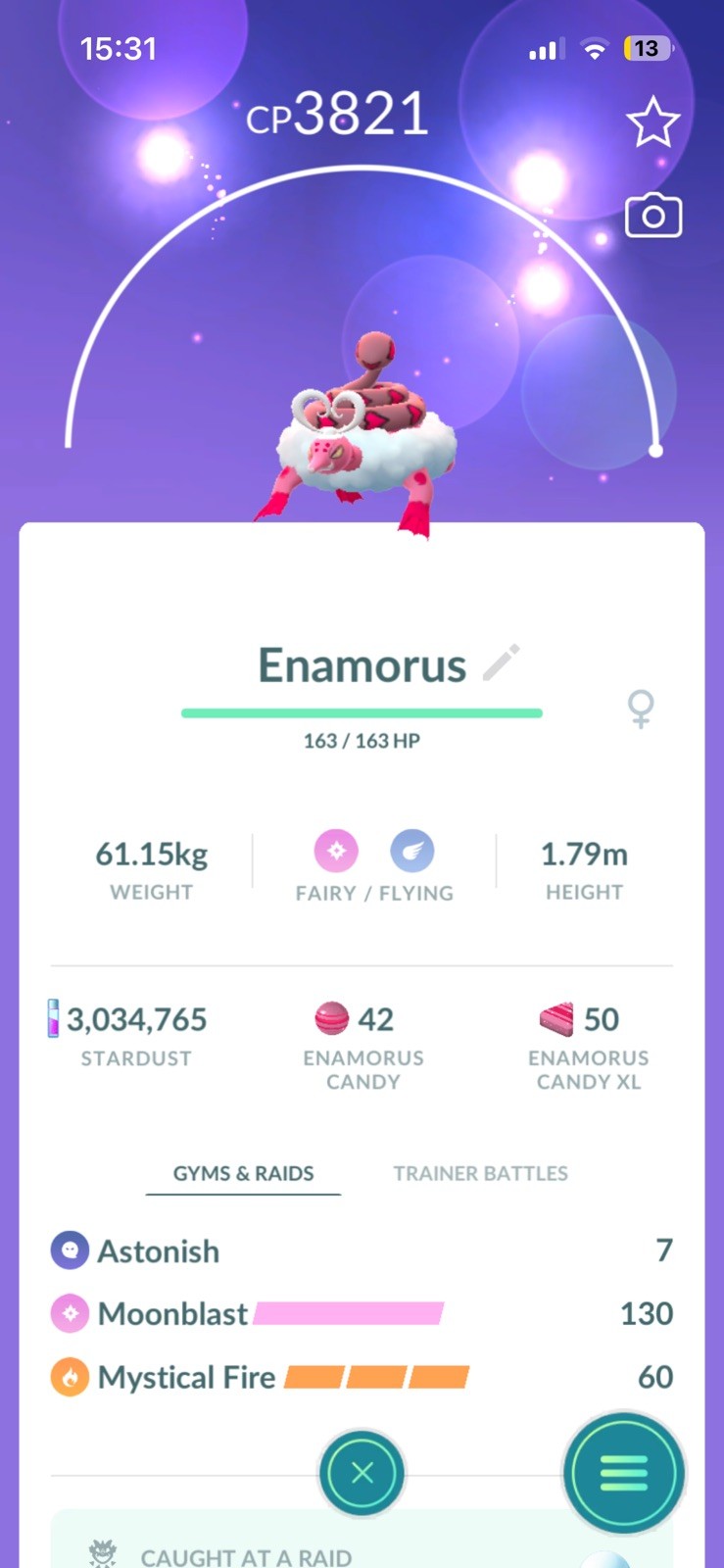 Pokémon Trade Go Level 50- Enamorus Therian Forme 3 Moves