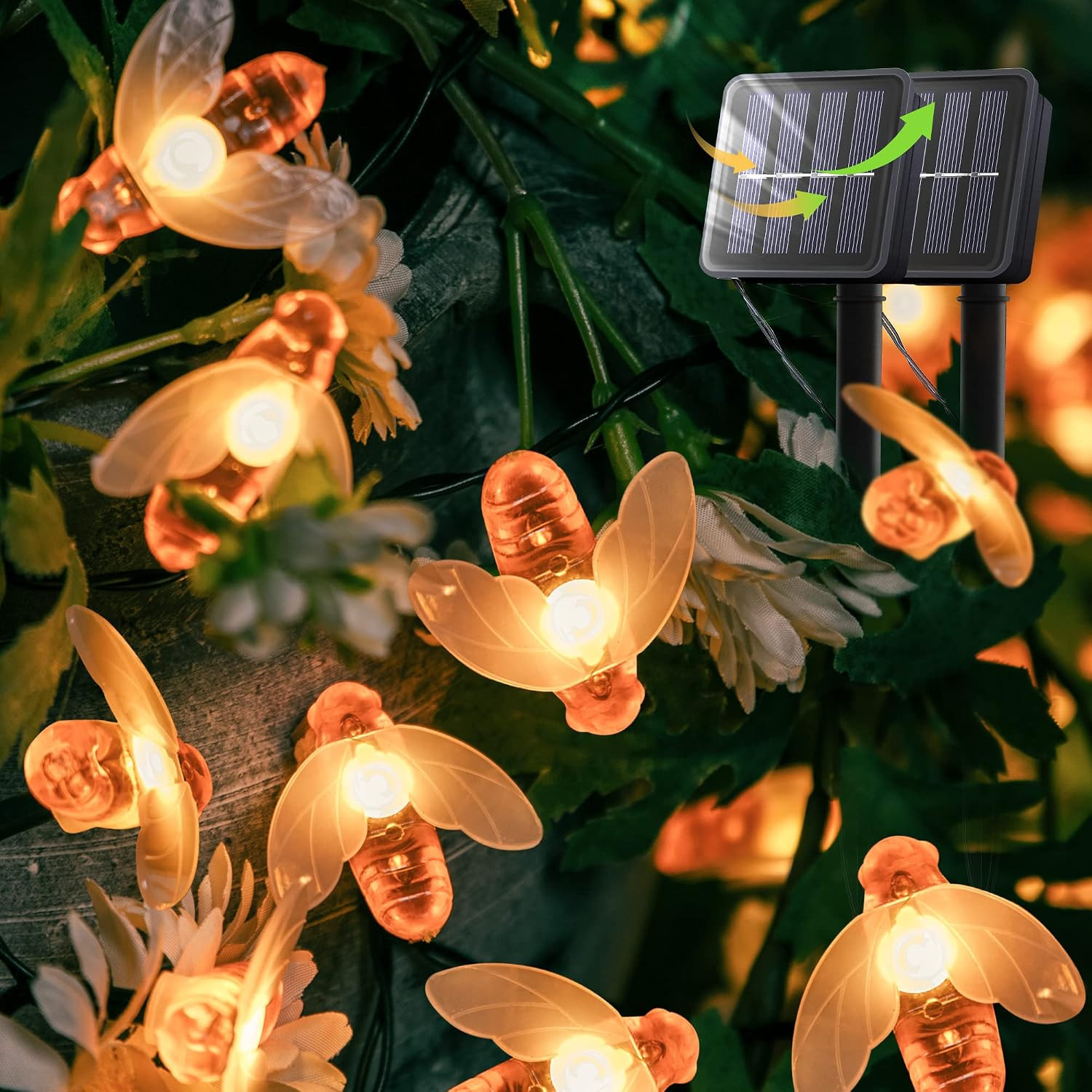 Warm White Solar Honey Bee String Lights, 2 Pack 30 LED | Waterproof Outdoor Fai