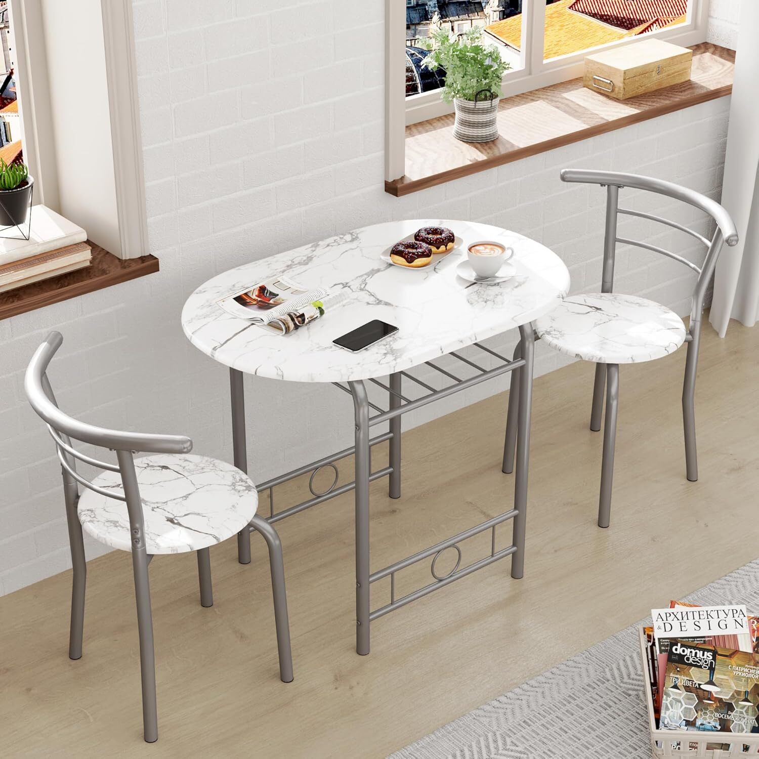 JUMMICO 3-Piece Wooden Round Table & Chair Set, Space Saving,White/Silver