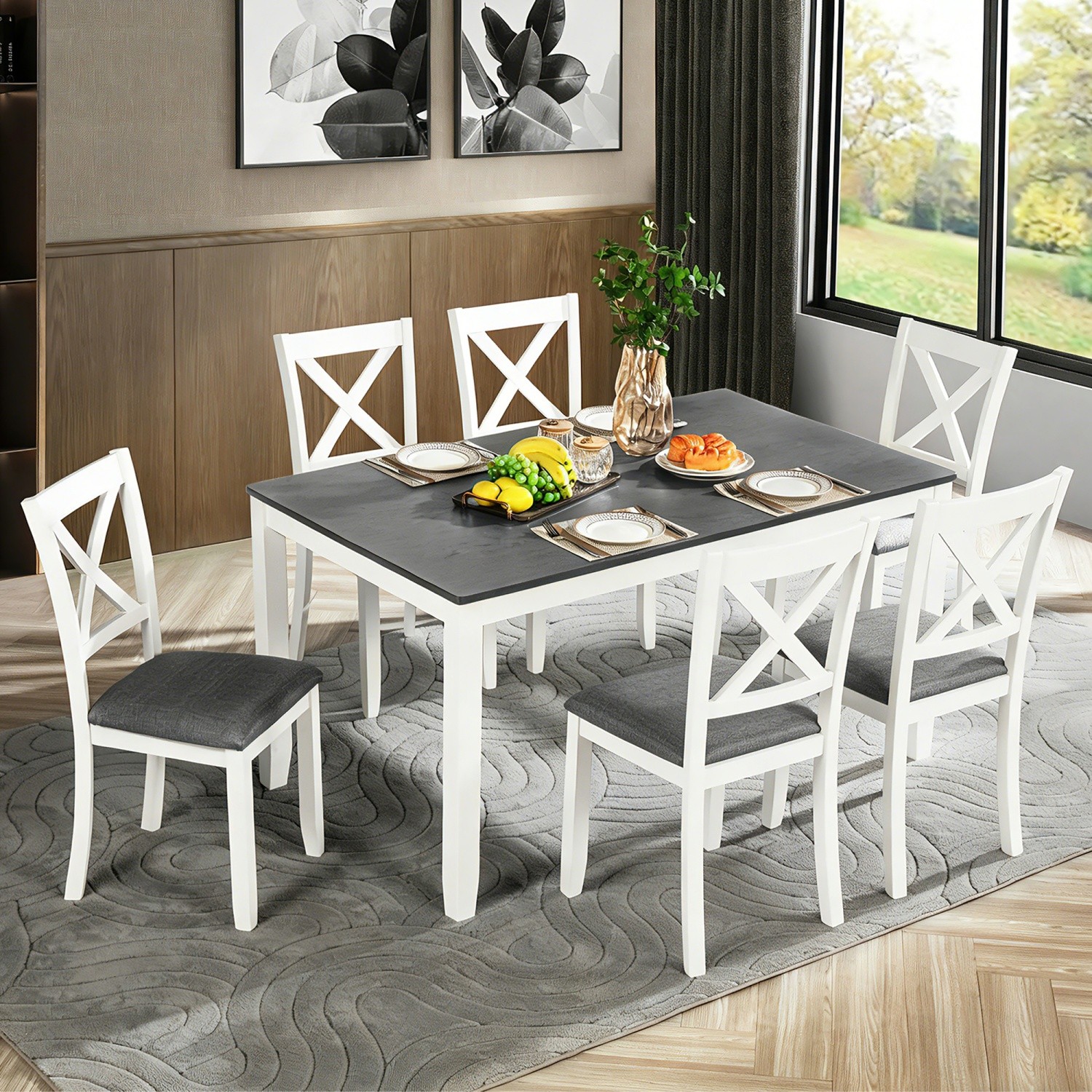 Modern 7-Piece Solid Wood Frame Dining Table Set w/ Table & 4 Upholstered Chairs