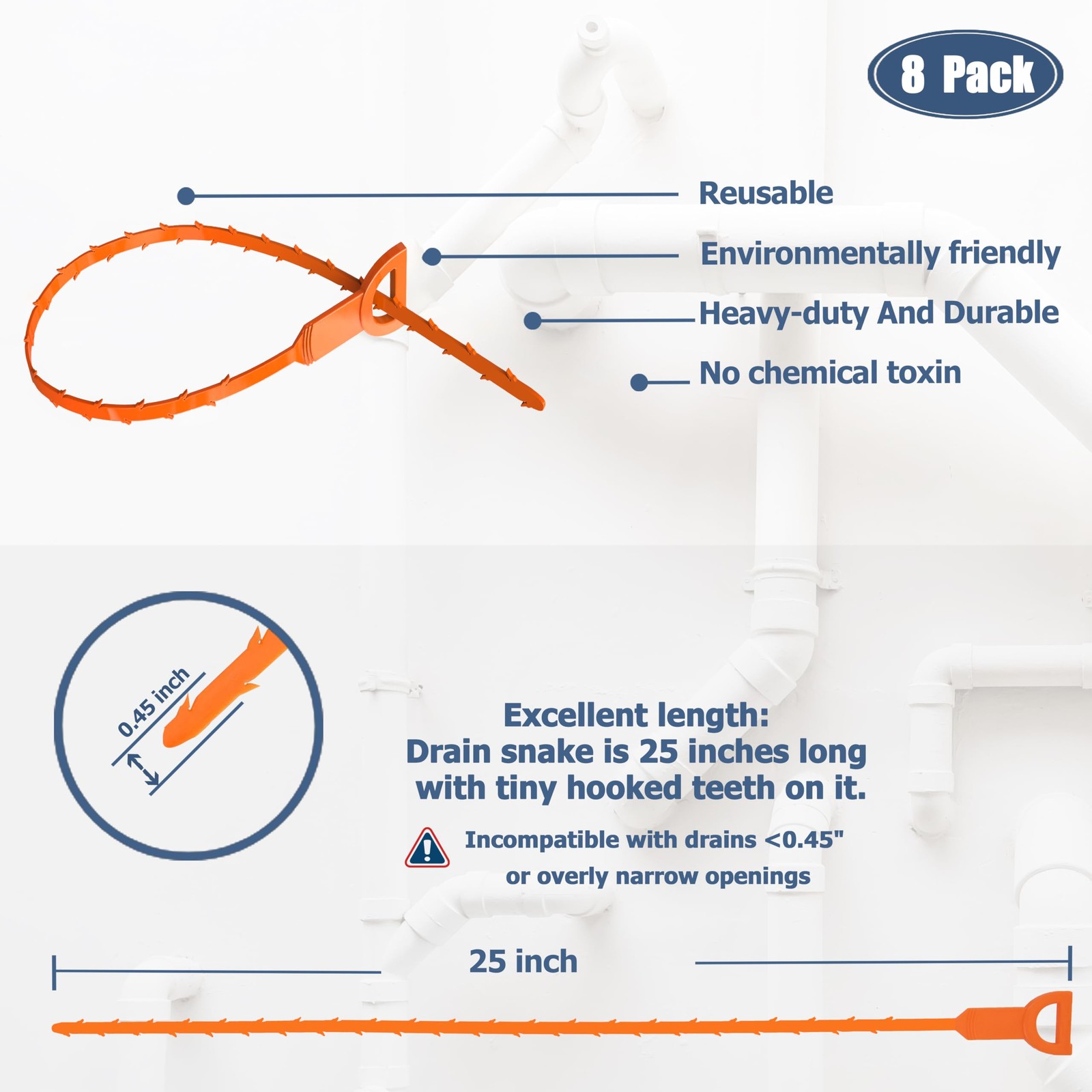 8 Pack 25inch Drain Snake Clog Remover, Hair Sink orange