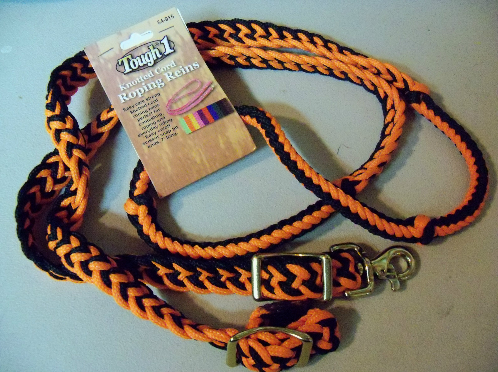 New! 7' foot long ORANGE & BLACK KNOTTED ROPING REINS Scissor snap Conway buckle