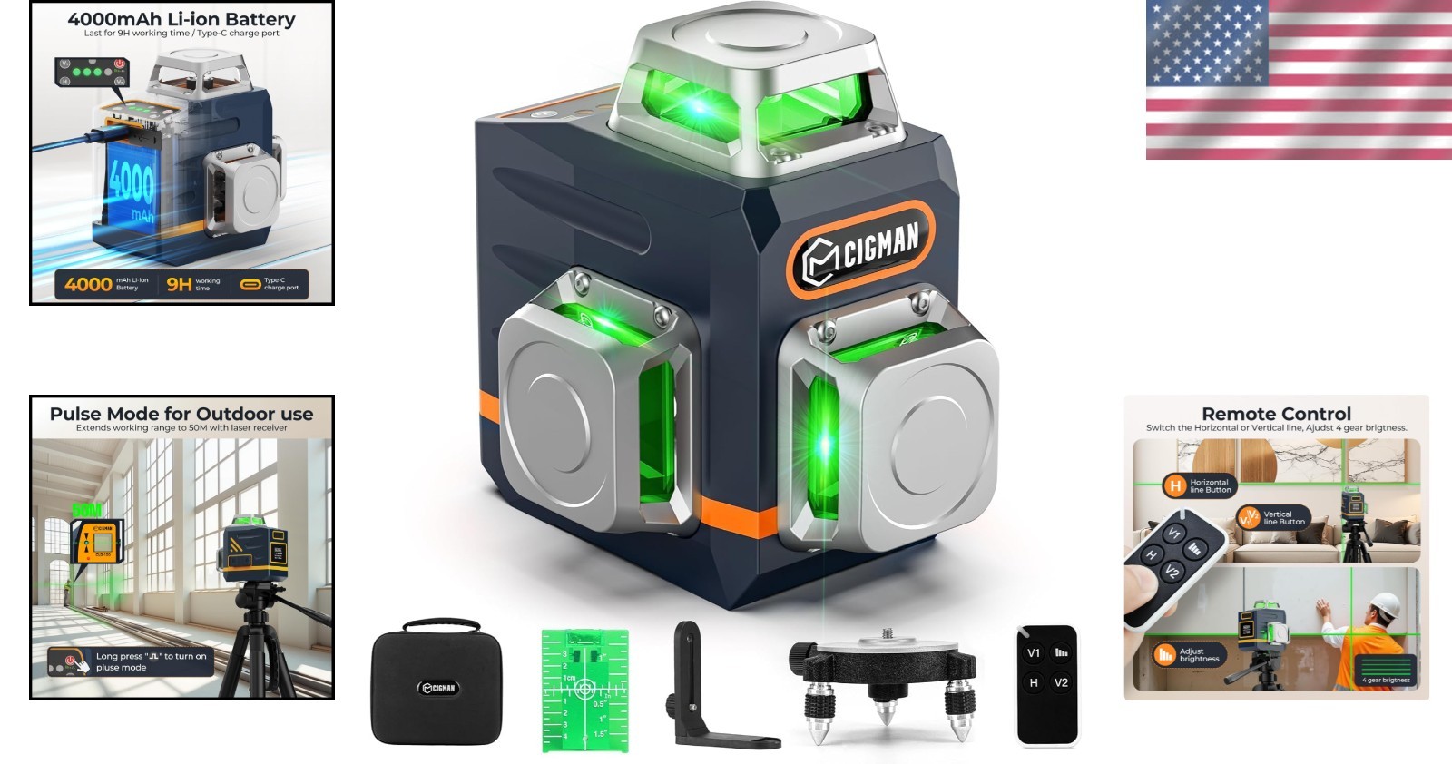 Rechargeable Green Laser Level Tool for Precise Alignment