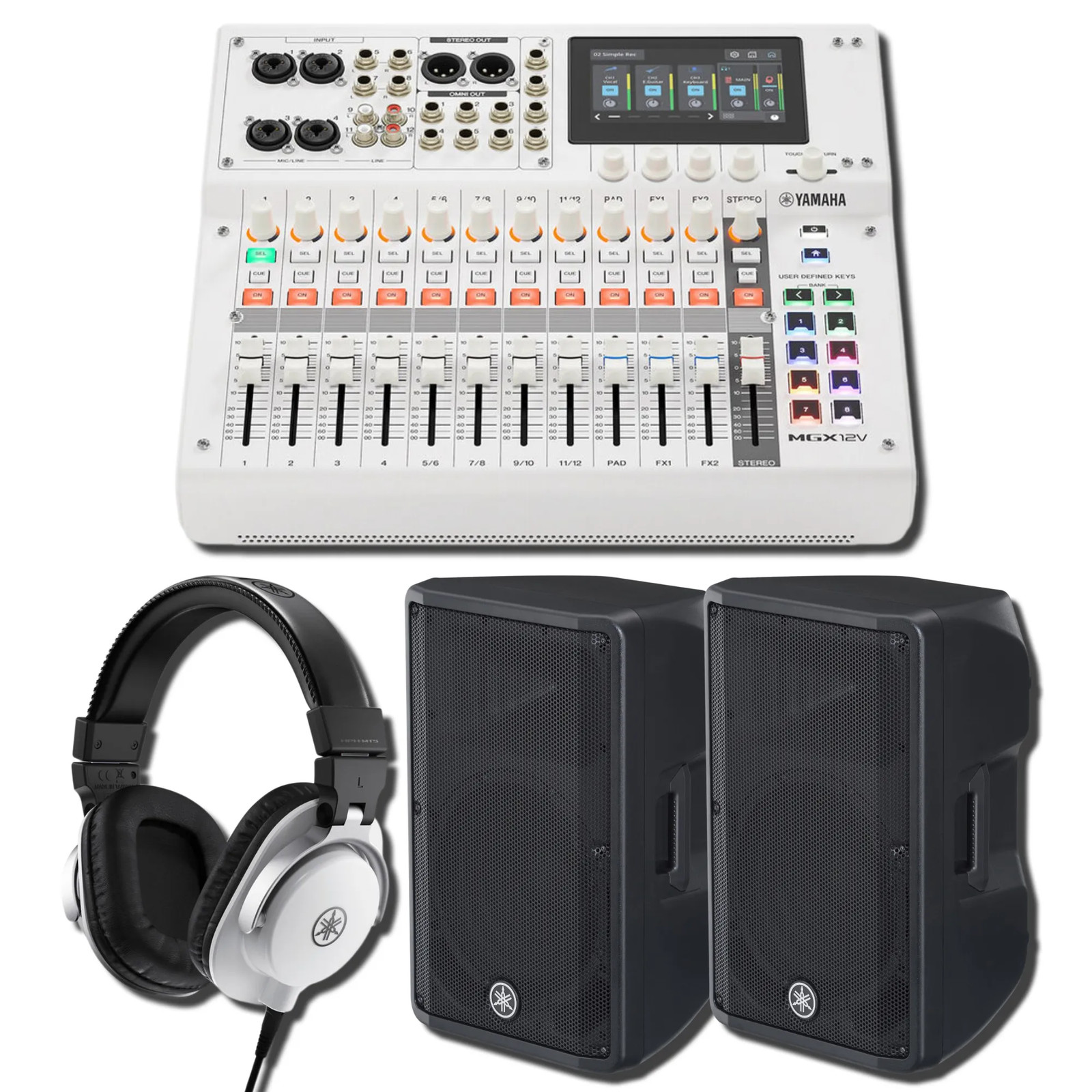 Yamaha MGX12V W 18-Ch Digital Mixer w/ 2x DBR12 1000W Speakers & HPH-MT5W