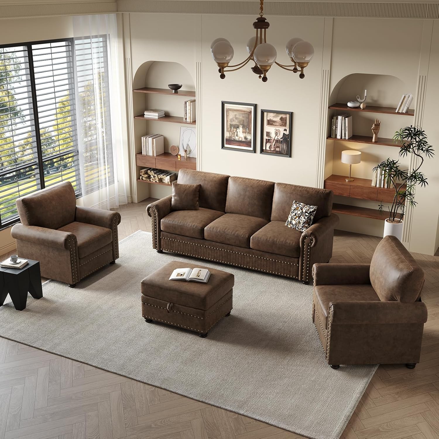 Faux Leather Ottoman with Storage, Rectangle Ottoman Coffee Table with Nailhead