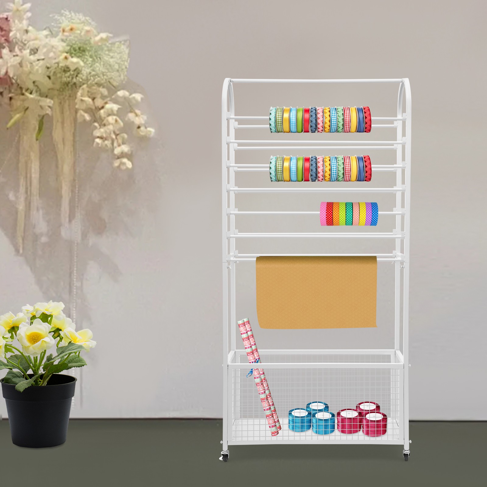 Double-Sided Ribbon Holder, White Ribbon Organizer, Ribbon Storage Display Rack