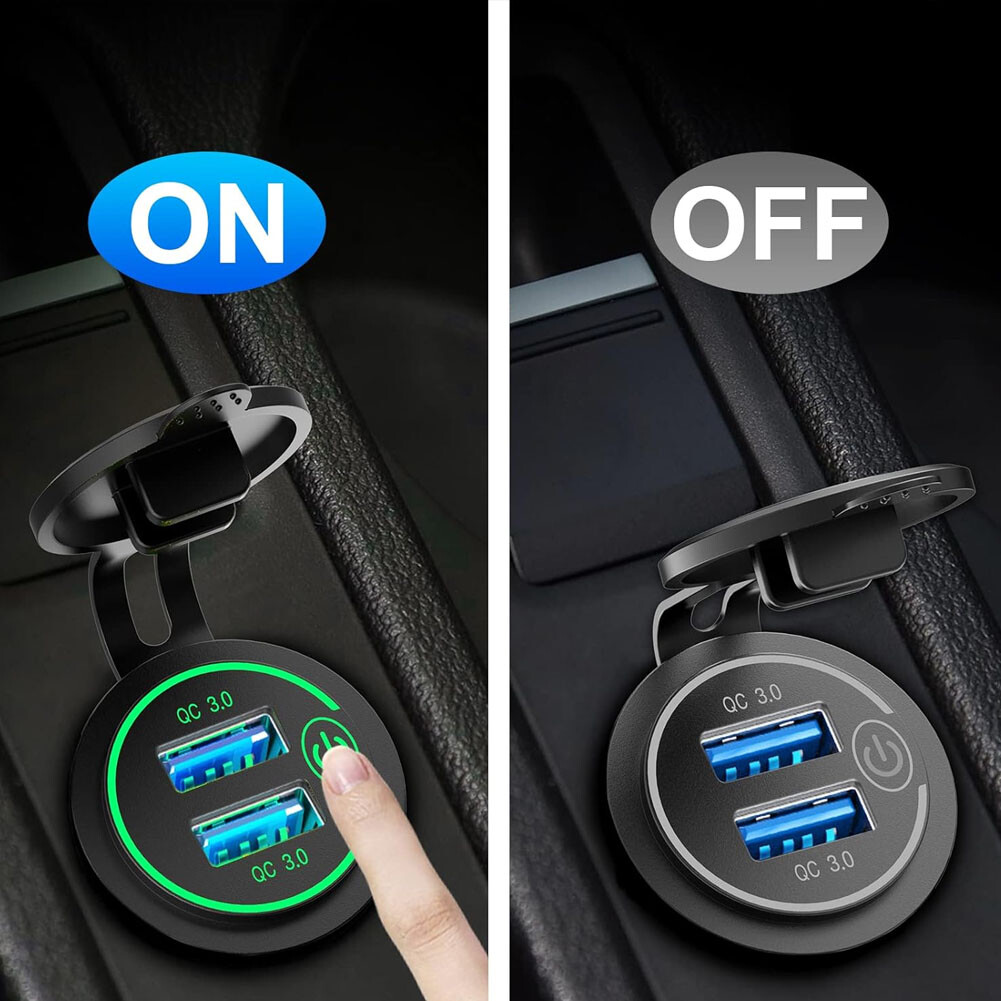 Car Charger Cigarette Lighter Touch Switch QC 3.0 Dual USB Power Socket Green