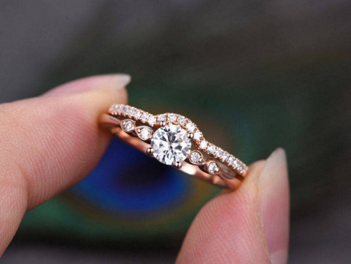 2.10 Ct Round Lab-Created White Diamond Engagement Ring Set 14K Rose Gold Over