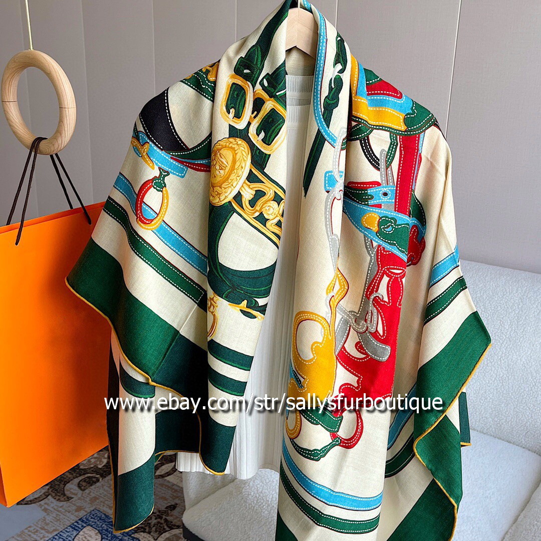 Pure 70% Cashmere 30% Silk Wrap Scarf Saddle Belt Print Double Face Shawl 53"