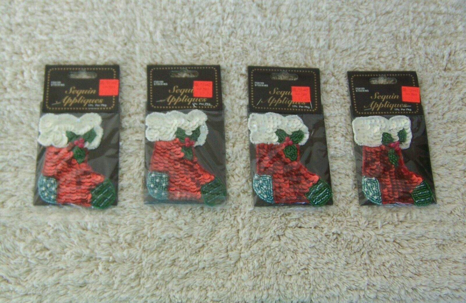 1 VINTAGE NIP WANGS INT'L CHRISTMAS STOCKING SEQUIN BEADS APPLIQUE PATCH 3.5 X 3