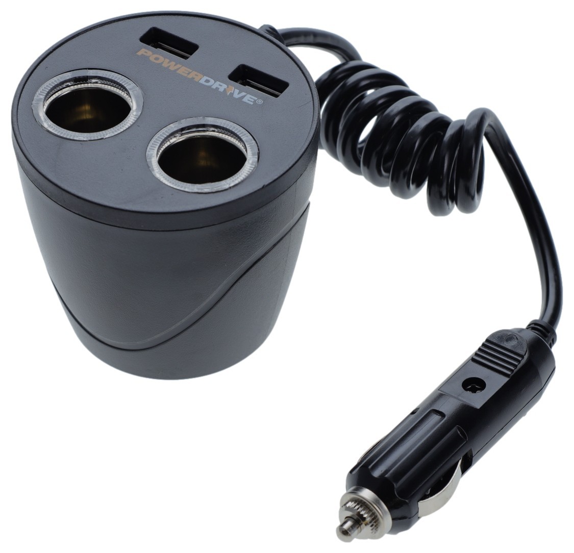PowerDrive PD9022USB 12V Car Cup Holder Adapter with Dual USB and DC Ports