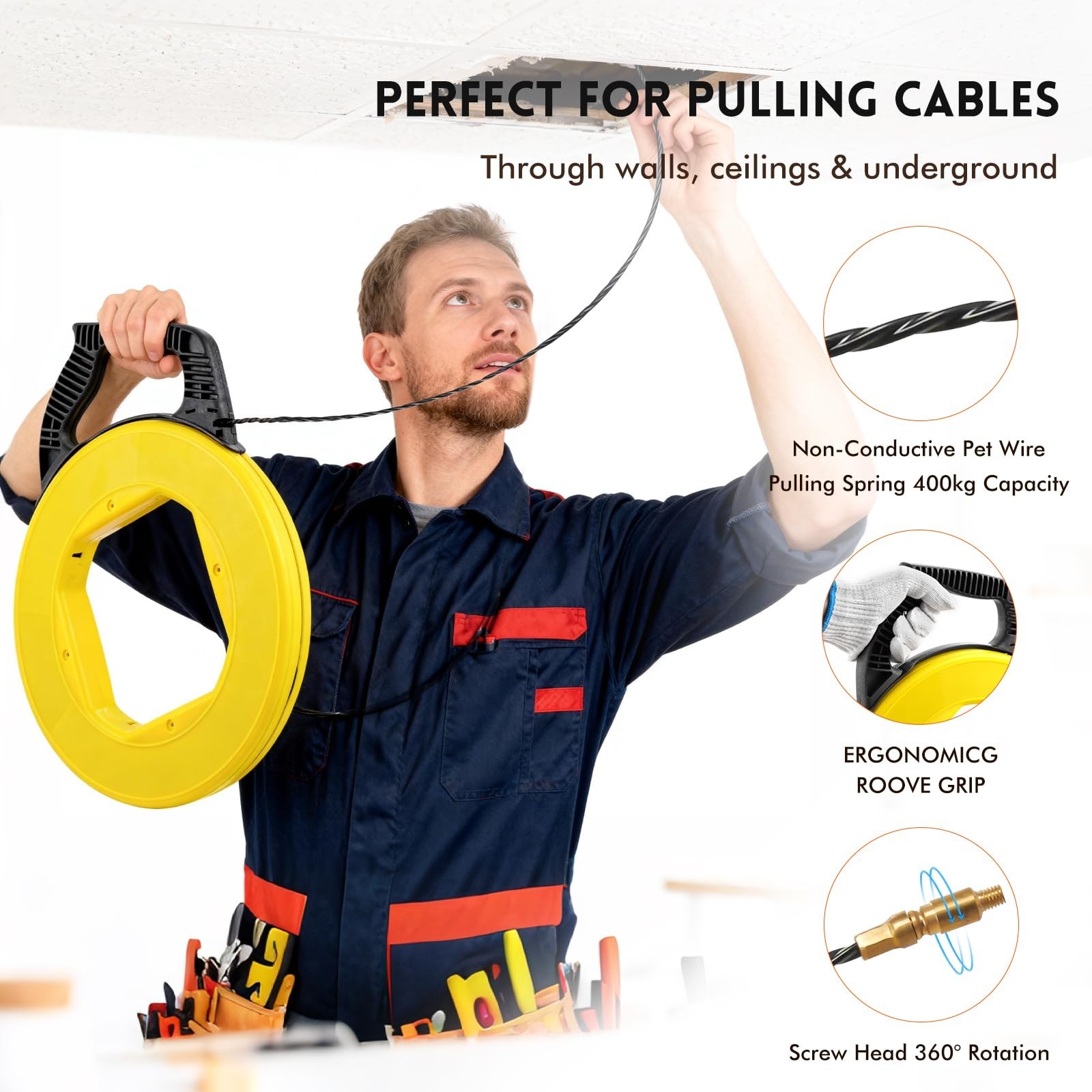 164FT Fiberglass Fish Tape Cable Puller Kit | Heavy Duty Wire Puller with 5 Tips